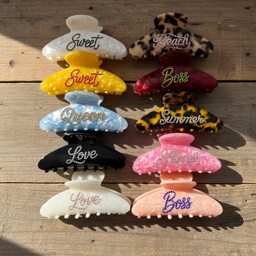Custom Logo Personality Colorful Rhinestones Acetate Hair Claw Clips for Women Girls Custom Logo Personality Colorful Rhinestones Acetate Hair Claw Clips for Women Girls